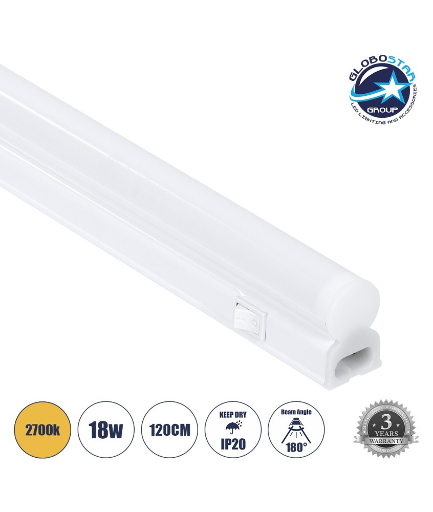 GloboStar® TUBO 60792 Γραμμικό Φωτιστικό Οροφής Linear LED Τύπου T5 Επεκτεινόμενο 18W 1728lm 180° AC 220-240V IP20 Πάγκου Κουζίνας με Διακόπτη On-Off Μ120 x Π2.2 x Υ3.5cm Θερμό Λευκό 2700K - Λευκό - 3 Years Warranty